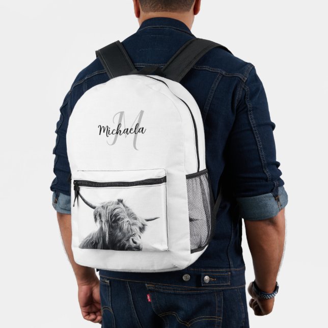 Highland cow portrait initial monogram black white printed backpack (Insitu (Model))
