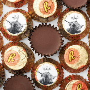Highland cow portrait initial monogram black white reese's peanut butter cups