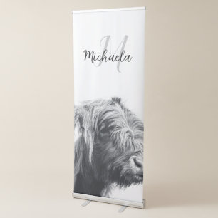 Highland cow portrait initial monogram black white retractable banner