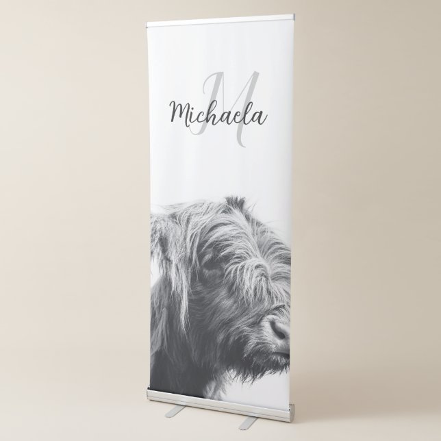 Highland cow portrait initial monogram black white retractable banner (3/4)