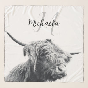 Highland cow portrait initial monogram black white scarf