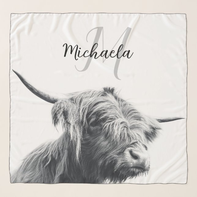 Highland cow portrait initial monogram black white scarf (Front)