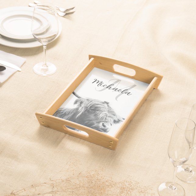 Highland cow portrait initial monogram black white serving tray (Front)