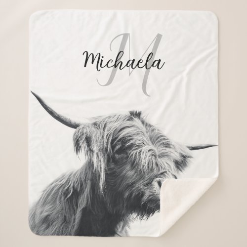 Highland cow portrait initial monogram black white sherpa blanket