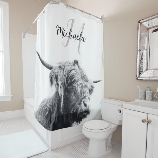 Highland cow portrait initial monogram black white shower curtain (In Situ)