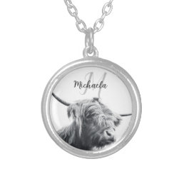 Highland cow portrait initial monogram black white silver plated necklace