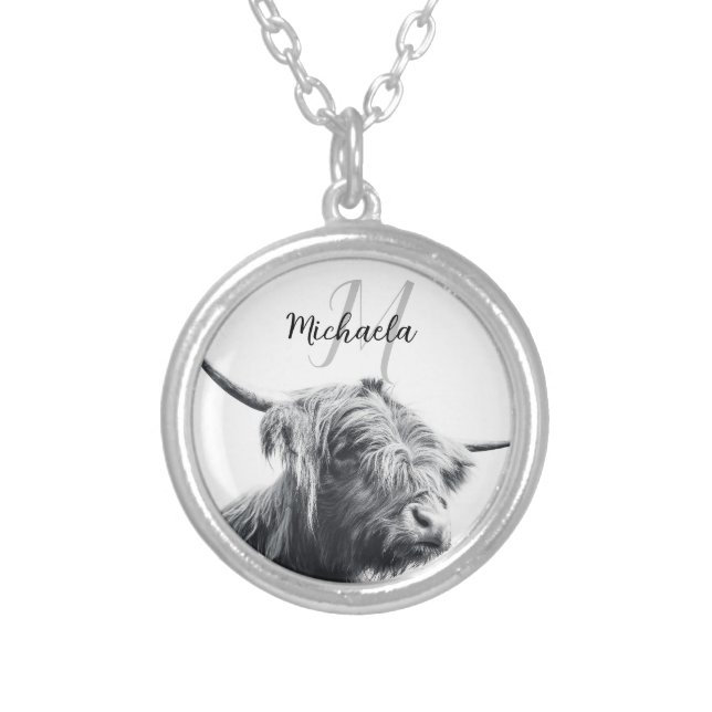 Highland cow portrait initial monogram black white silver plated necklace (Front)