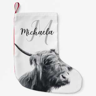 Highland cow portrait initial monogram black white small christmas stocking