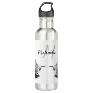 Highland cow portrait initial monogram black white stainless steel water bottle