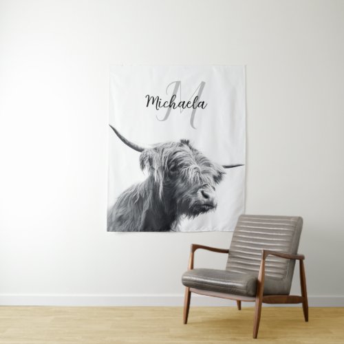 Highland cow portrait initial monogram black white tapestry