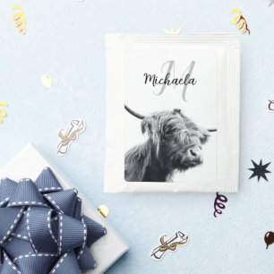 Highland cow portrait initial monogram black white tea bag drink mix