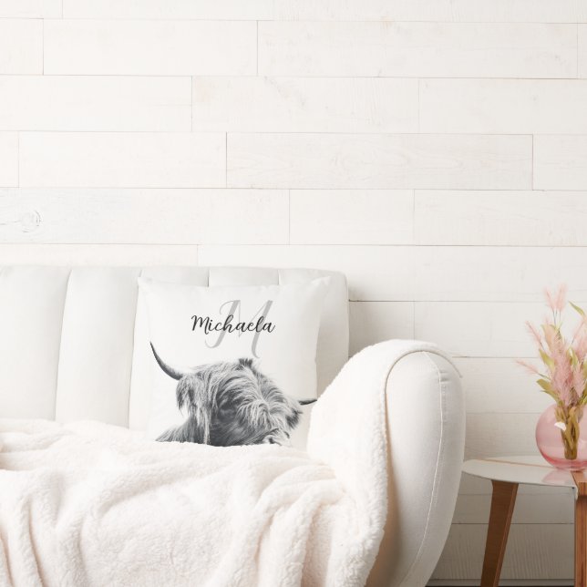 Highland cow portrait initial monogram black white throw pillow (Couch)