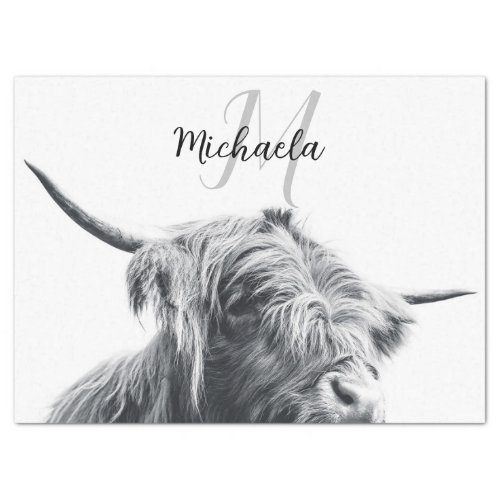 Highland cow portrait initial monogram black white tissue paper