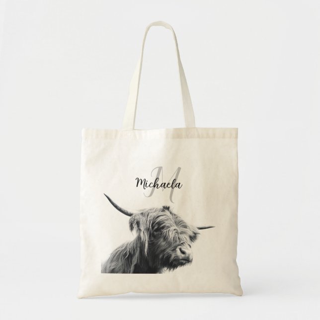 Highland cow portrait initial monogram black white tote bag (Front)