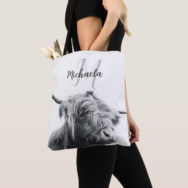 Highland cow portrait initial monogram black white tote bag (Close Up)