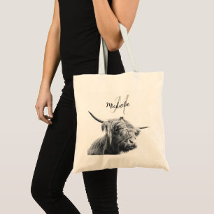 Highland cow portrait initial monogram black white tote bag