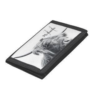 Highland cow portrait initial monogram black white trifold wallet