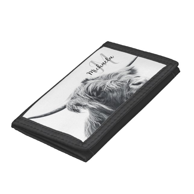 Highland cow portrait initial monogram black white trifold wallet (Bottom)