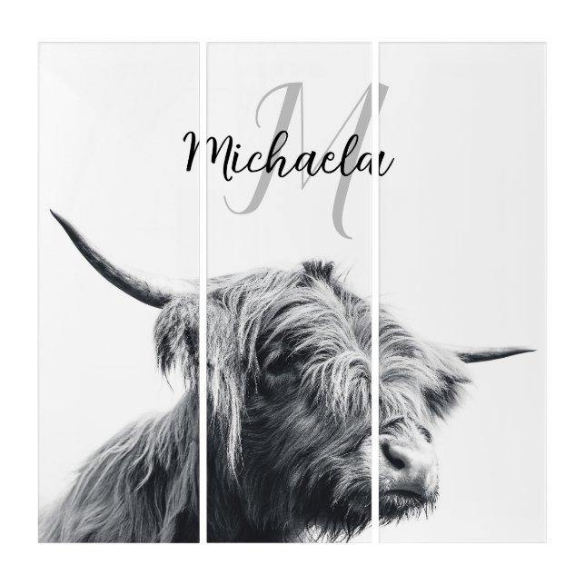 Highland cow portrait initial monogram black white triptych (Front)