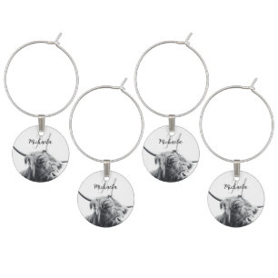 Highland cow portrait initial monogram black white wine charm