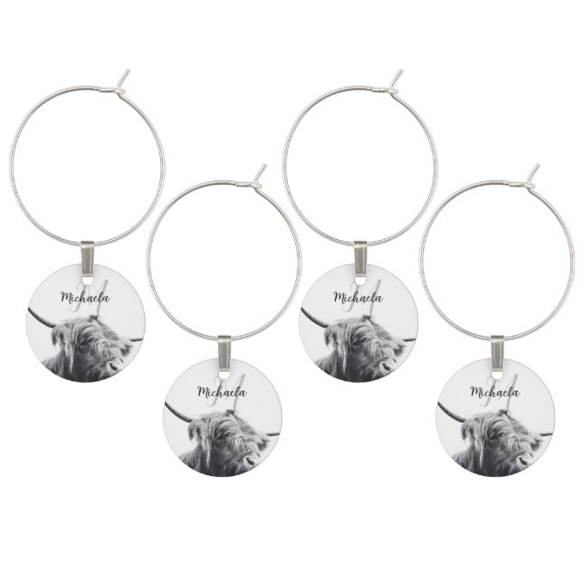 Highland cow portrait initial monogram black white wine charm (Staggered)