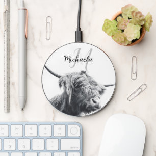 Highland cow portrait initial monogram black white wireless charger 