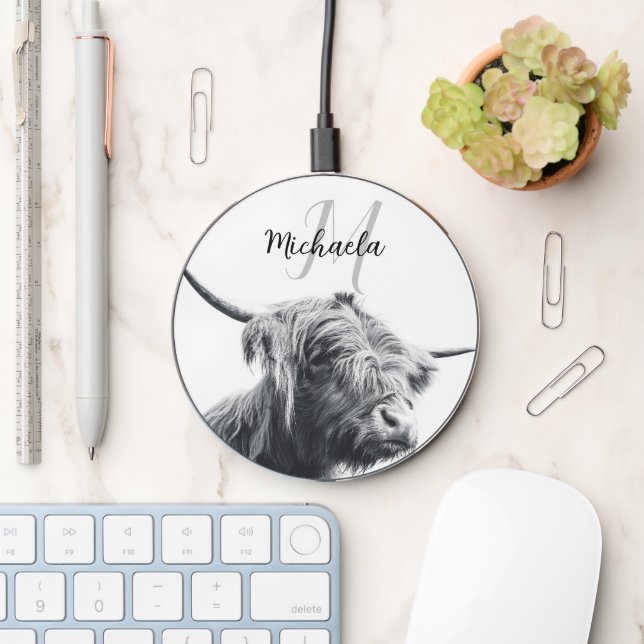 Highland cow portrait initial monogram black white wireless charger  (Desk)