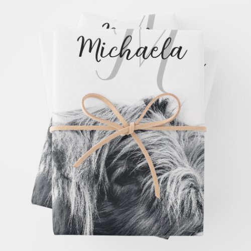 Highland cow portrait initial monogram black white wrapping paper sheets