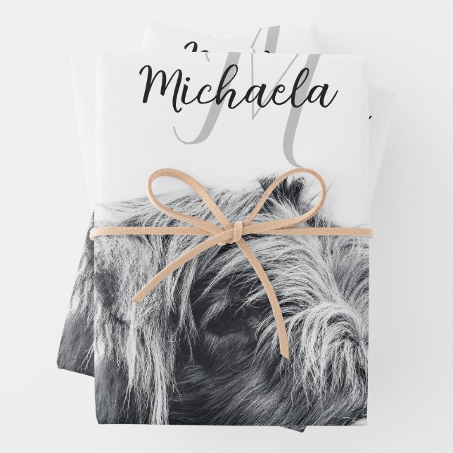 Highland cow portrait initial monogram black white wrapping paper sheets (In situ)