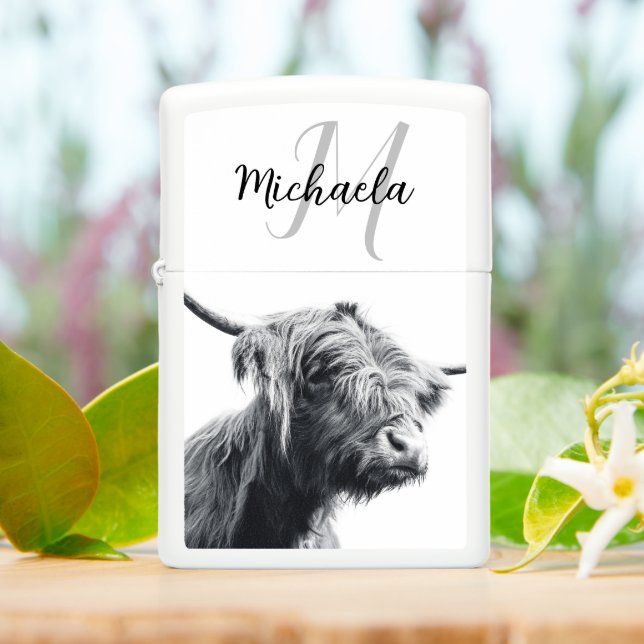 Highland cow portrait initial monogram black white zippo lighter (On Table)