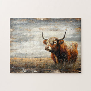 Highland Cow Portrait on Weathered Wood Jigsaw Puzzle