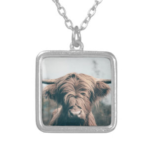 Highland cow portrait silver plated necklace