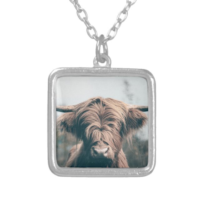 Highland cow portrait silver plated necklace (Front)