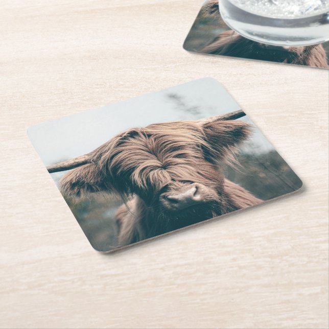 Highland cow portrait square paper coaster (Angled)