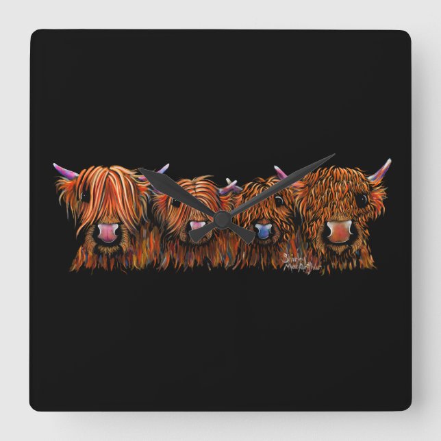 HiGHLaND CoW PRiNT SCoTTiSH ' THe GiNGeR NuTS ' Square Wall Clock (Front)