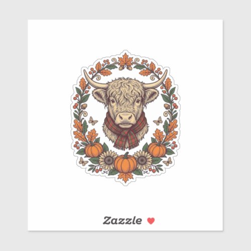 Highland Cow Pumpkin Vintage Engraving Fall Shirt Sticker