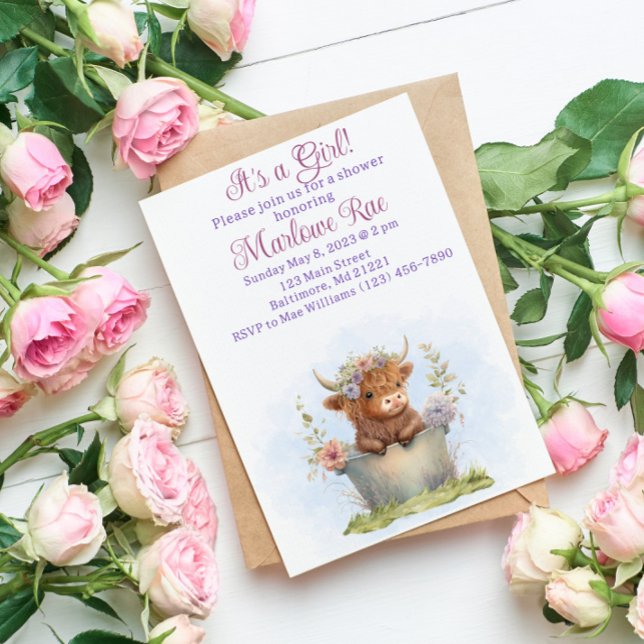  Highland cow purple, pink, floral watercolor baby Invitation (Creator Uploaded)