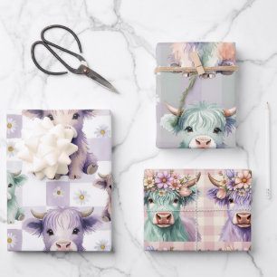 Highland Cow Purple Sage Easter Flowers Pastel Wrapping Paper Sheets