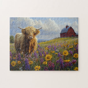 Highland Cow Purple Yellow Wildflowers Jigsaw Puzzle