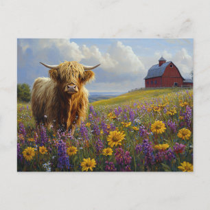 Highland Cow Purple Yellow Wildflowers Postcard