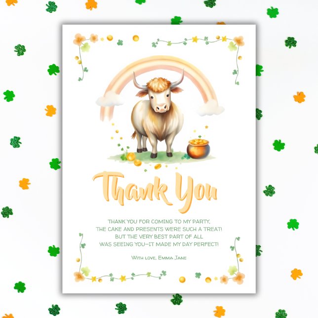 Highland Cow Rainbow St Patricks Day Birthday Thank You Card (Highland Cow Rainbow St. Patrick’s Day Birthday Thank You Card)