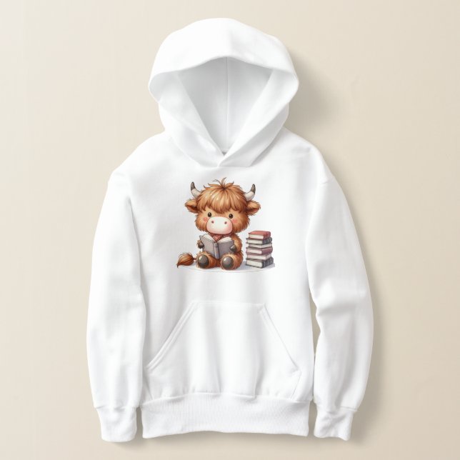 Highland Cow Reading Books Hoodie (Laydown)