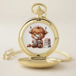 Highland Cow Reading Books Pocket Watch