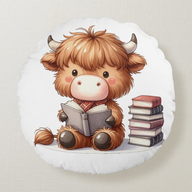 Highland Cow Reading Books Round Pillow (Front)