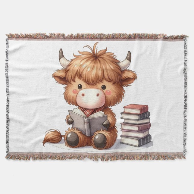 Highland Cow Reading Books Throw Blanket (Front)
