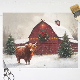 Highland Cow Red Barn Christmas Decoupage Tissue Paper