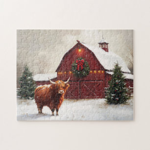 Highland Cow Red Barn Christmas Wreath Jigsaw Puzzle