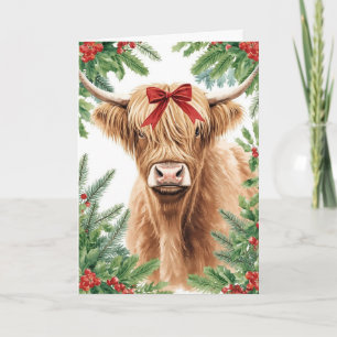 Highland Cow Red Bow Christmas Holiday Card