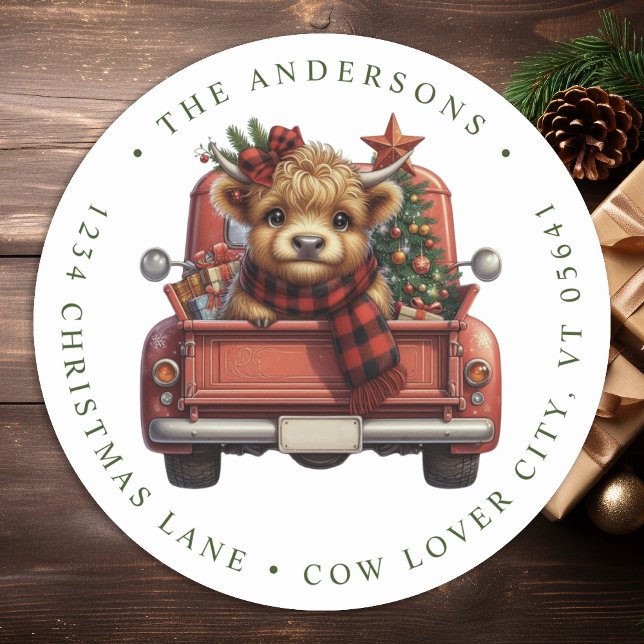 Highland Cow Red Truck Christmas Return Address Classic Round Sticker (Creator Uploaded)