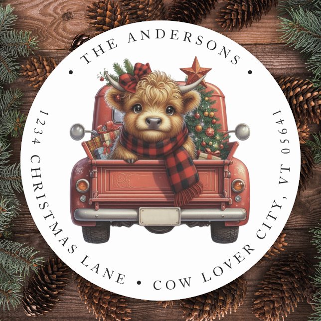 Highland Cow Red Truck Cute Holiday Return Address Classic Round Sticker (Creator Uploaded)